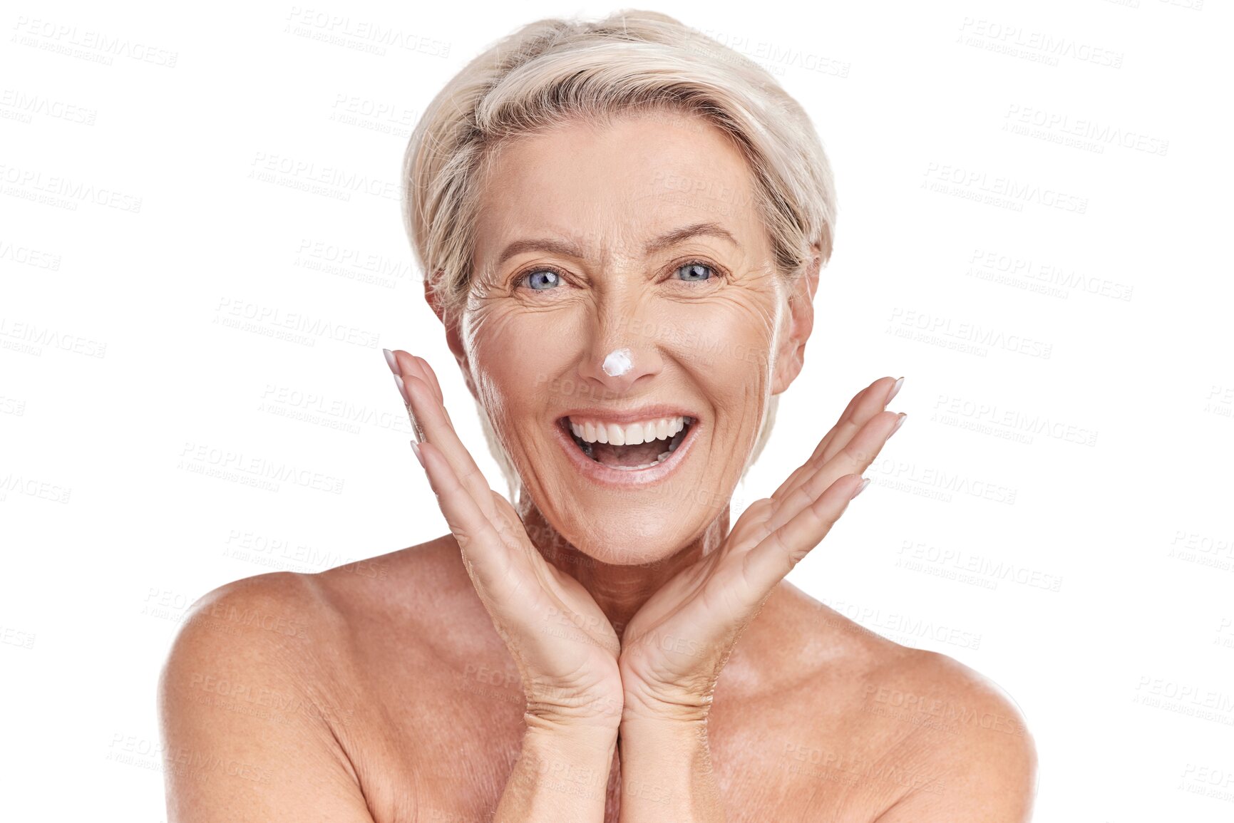 Buy stock photo Happy, cream and skincare with portrait of old woman on transparent background for ant aging, cosmetics or sunscreen. Facial, spa and product with person isolated on png for lotion, beauty and face