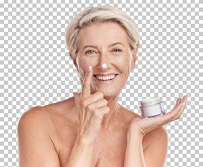 Buy stock photo Skincare, cream and portrait of old woman on transparent background for ant aging, cosmetics or sunscreen. Facial, face and product with person isolated on png for lotion, beauty and dermatology