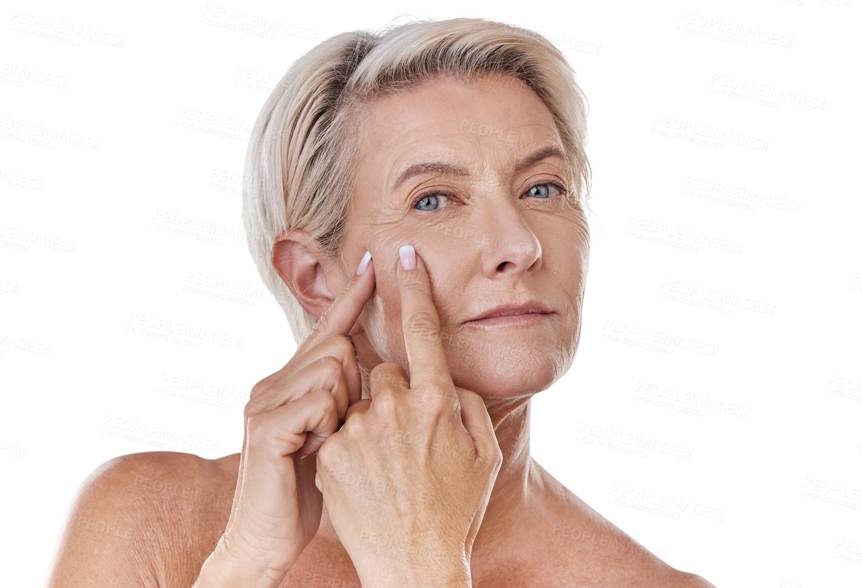 Buy stock photo Acne, touch and portrait of old woman on transparent background for pimple, blemish and grooming. Beauty, skincare and squeeze with person isolated on png for dermatology, self care and facial