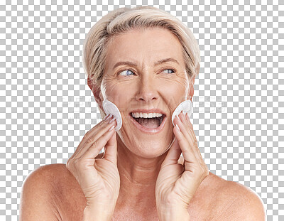 Buy stock photo Skincare, face of elderly woman with cotton beauty cosmetics product and isolated in a transparent png background. Skin treatment or hygiene, cleaning and female person smile for health wellness