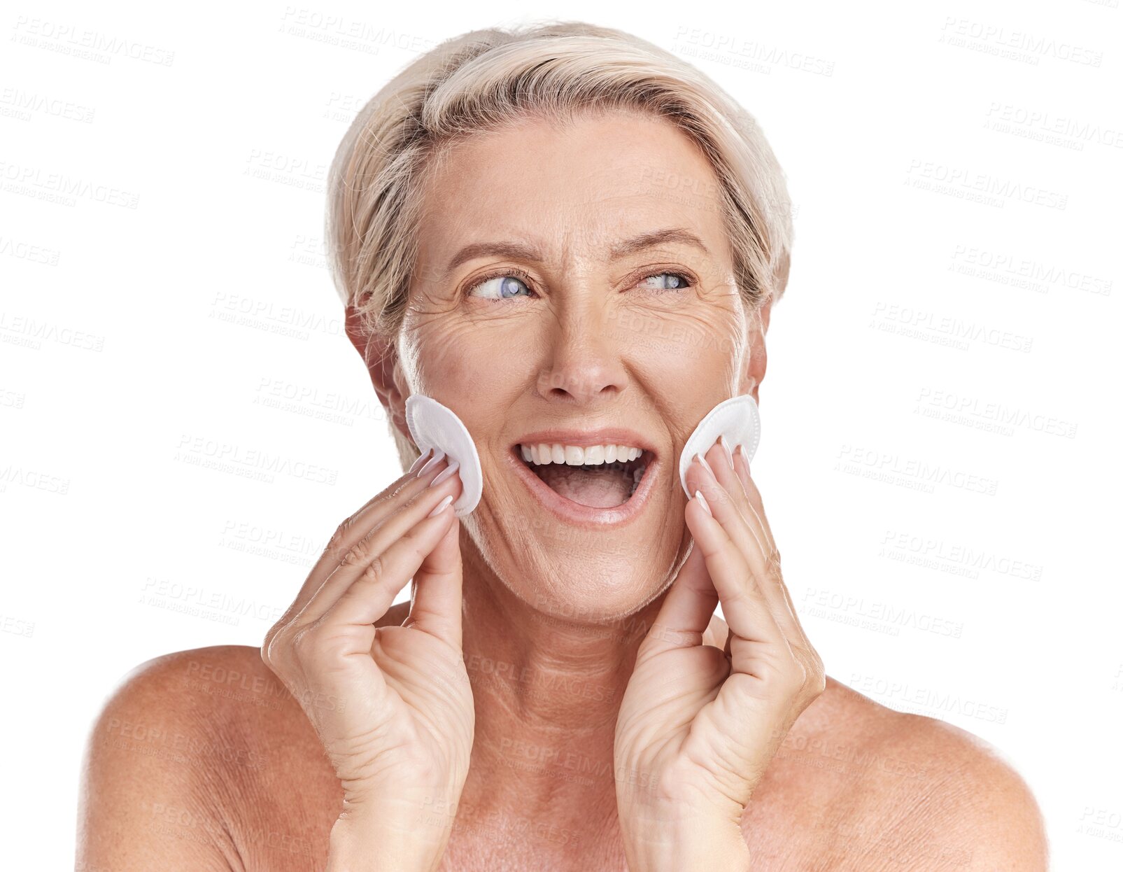 Buy stock photo Skincare, face of elderly woman with cotton beauty cosmetics product and isolated in a transparent png background. Skin treatment or hygiene, cleaning and female person smile for health wellness