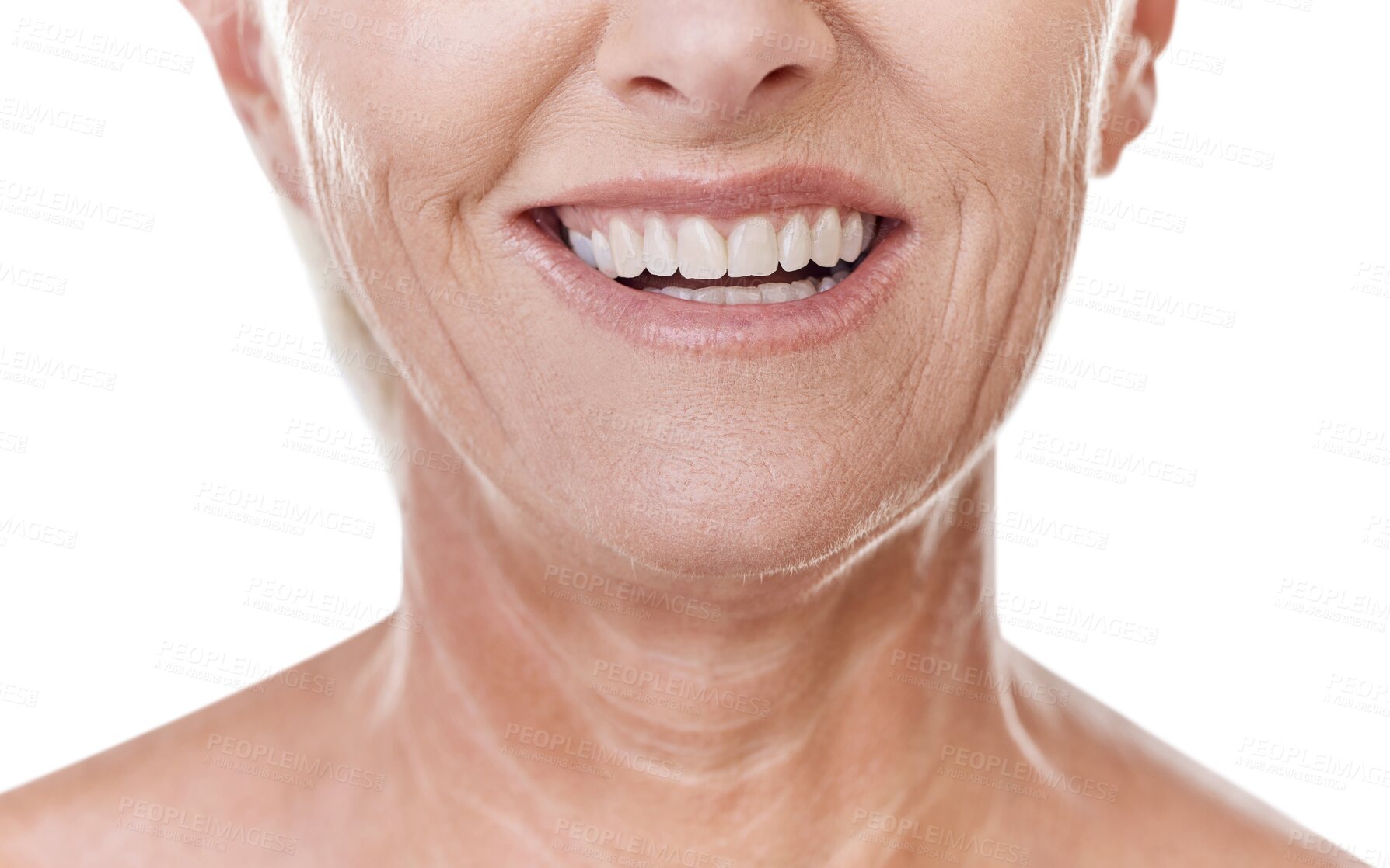 Buy stock photo Isolated senior woman, closeup and teeth with dental wellness, hygiene and transparent png background. Mature lady, mouth zoom and oral healthcare with clean for self care, smile or happy for results