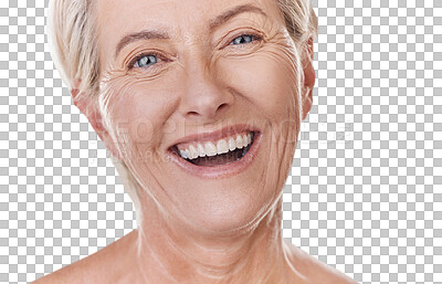 Buy stock photo Old woman, face and teeth with veneers and dental, healthy gums and beauty isolated on png transparent background. Closeup of senior female model in portrait, hygiene and oral health with dentures