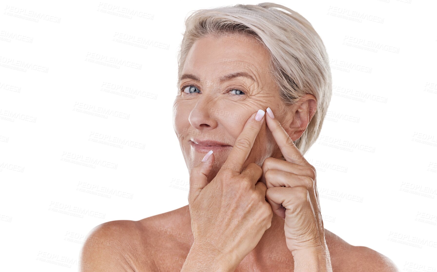Buy stock photo Acne, squeeze and portrait of old woman on transparent background for pimple, blemish and grooming. Beauty, skincare and face with person isolated on png for dermatology, self care and eye wrinkles