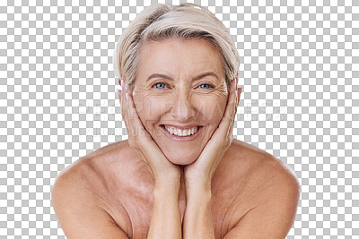 Buy stock photo Beauty, mature and portrait of old woman on transparent background for dermatology, anti aging and cosmetics. Spa, natural and makeup with person isolated on png for glow, self care and health