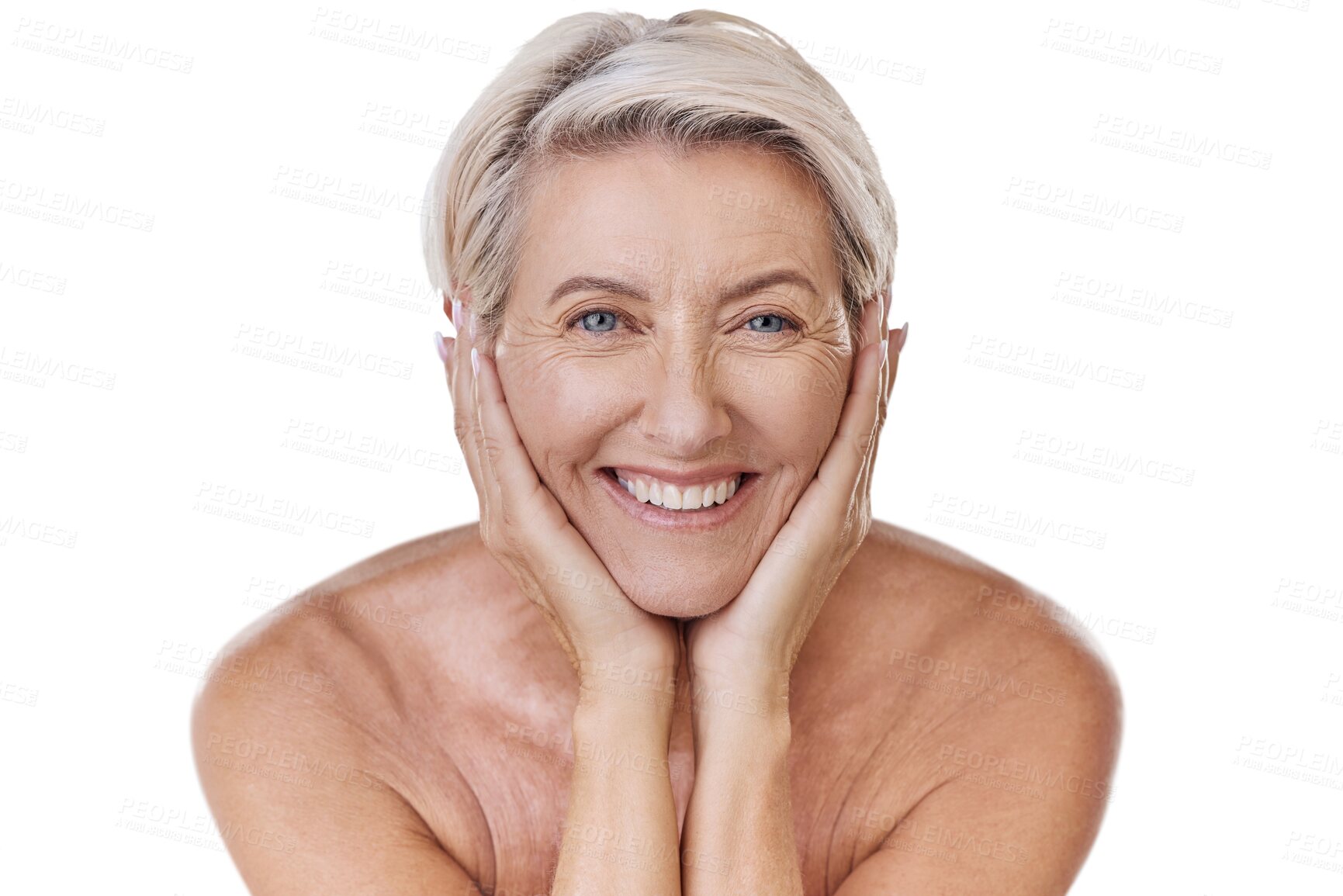 Buy stock photo Beauty, mature and portrait of old woman on transparent background for dermatology, anti aging and cosmetics. Spa, natural and makeup with person isolated on png for glow, self care and health