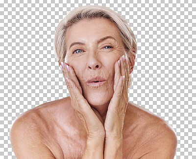Buy stock photo Skincare, beauty and portrait of senior woman with natural, wellness and cosmetic routine. Health, anti aging and elderly female model with wrinkles treatment isolated by a transparent png background