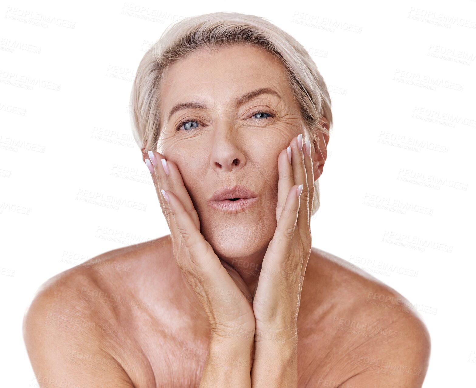 Buy stock photo Skincare, beauty and portrait of senior woman with natural, wellness and cosmetic routine. Health, anti aging and elderly female model with wrinkles treatment isolated by a transparent png background