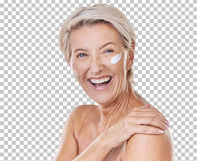Buy stock photo Beauty, cream and smile with portrait of old woman on transparent background for anti aging, cosmetics or sunscreen. Facial, spa and product with person isolated on png for lotion, skincare and face