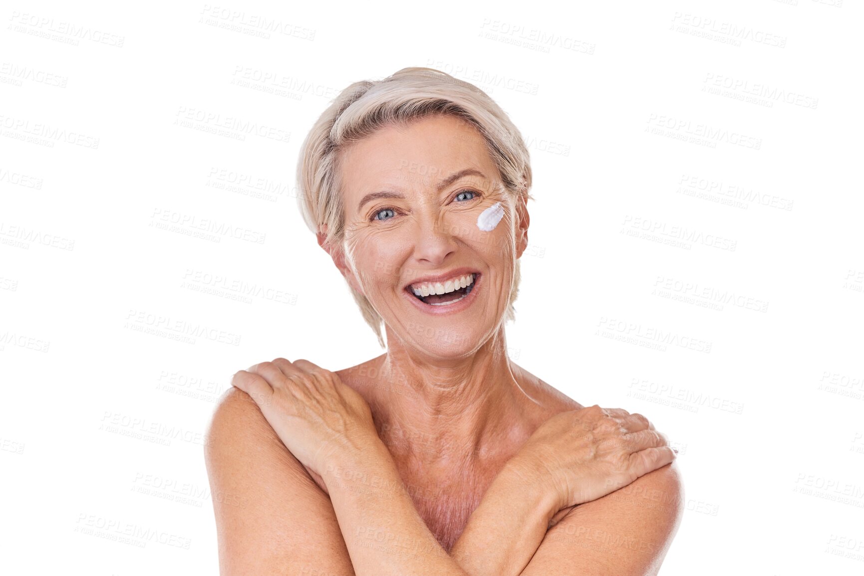Buy stock photo Beauty, cream and glow with portrait of old woman on transparent background for ant aging, cosmetics or sunscreen. Facial, spa and product with person isolated on png for lotion, skincare and face