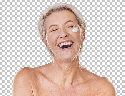 Buy stock photo Beauty, cream and skincare with face of old woman on transparent background for anti aging, cosmetics or sunscreen. Facial, spa and product with person isolated on png for lotion and dermatology