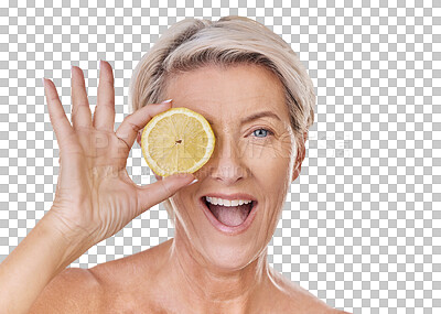 Buy stock photo Isolated senior woman, skincare and lemon on eye, portrait and excited by transparent png background. Happy mature lady, model and vitamin c with fruit, self care and smile for natural skin cosmetics