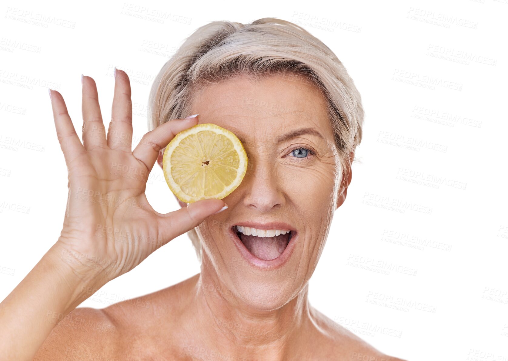 Buy stock photo Isolated senior woman, skincare and lemon on eye, portrait and excited by transparent png background. Happy mature lady, model and vitamin c with fruit, self care and smile for natural skin cosmetics