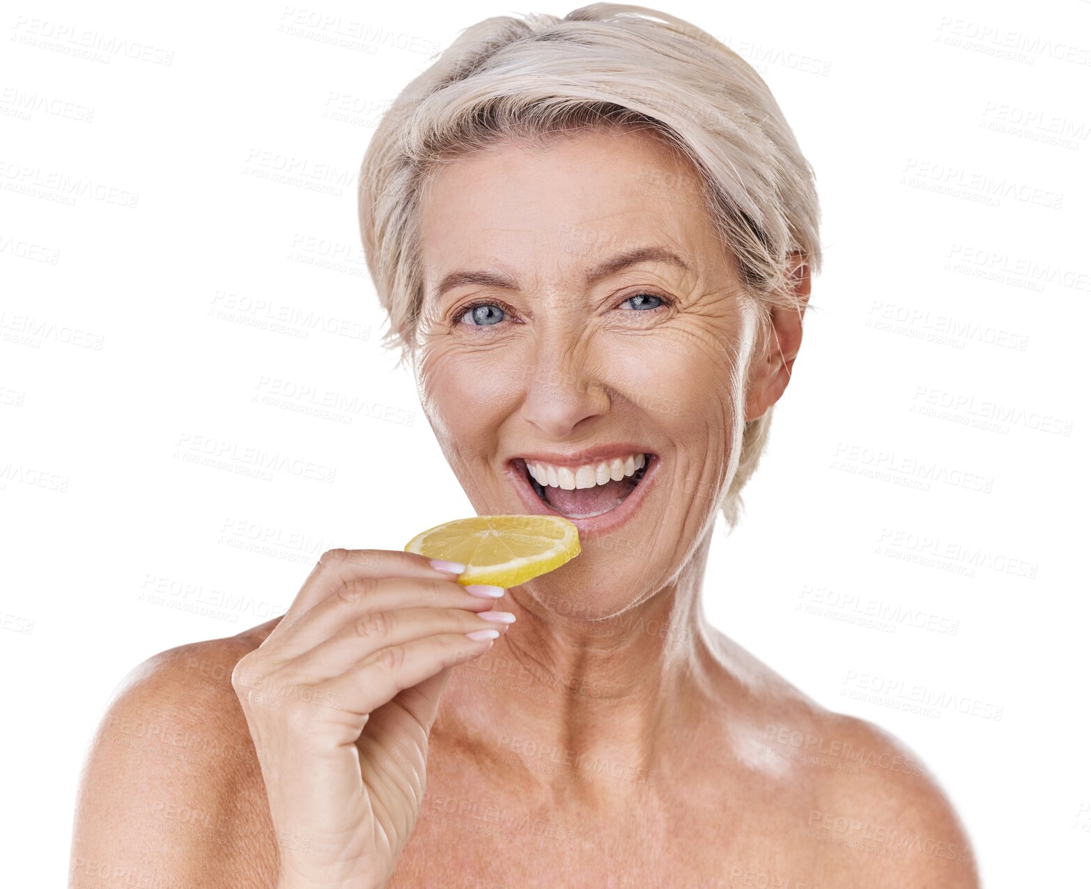Buy stock photo Isolated senior woman, lemon and nutrition in portrait, smile and eating by transparent png background. Happy mature lady, model and vitamin c with fruit, diet and organic choice for natural detox