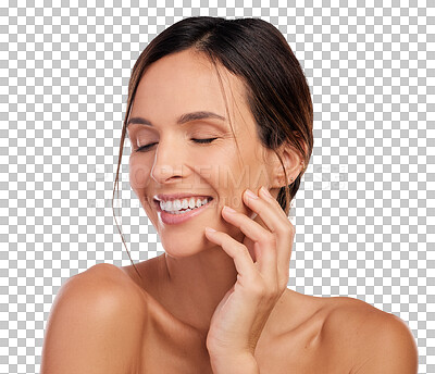 Buy stock photo Isolated woman, skincare and smile with beauty, wellness and self care by transparent png background. Happy young lady, model and pride with cosmetics, natural skin glow and health for aesthetic