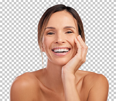 Buy stock photo Beauty, natural and portrait of woman on transparent background for cosmetics, face and skincare. Glow, self care and facial with person isolated on png for health, spa treatment and dermatology