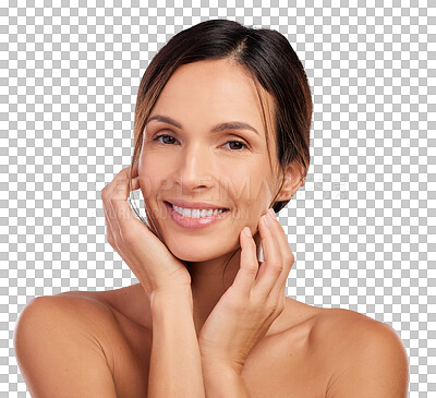 Buy stock photo Beauty, makeup and happy with portrait of woman on transparent background for cosmetics, natural and skincare. Glow, self care and facial with person isolated on png for health, spa and dermatology