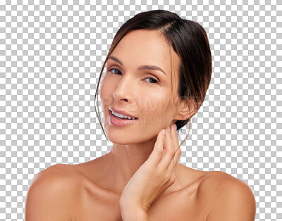 Buy stock photo Beauty, makeup and glow with portrait of woman on transparent background for cosmetics, natural and skincare. Spa, self care and facial with person isolated on png for health and dermatology