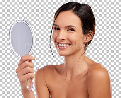 Buy stock photo Isolated woman, skincare and holding mirror in portrait beauty, wellness and transparent png background. Happy young lady, model and pride with cosmetics, natural skin glow and health for inspection