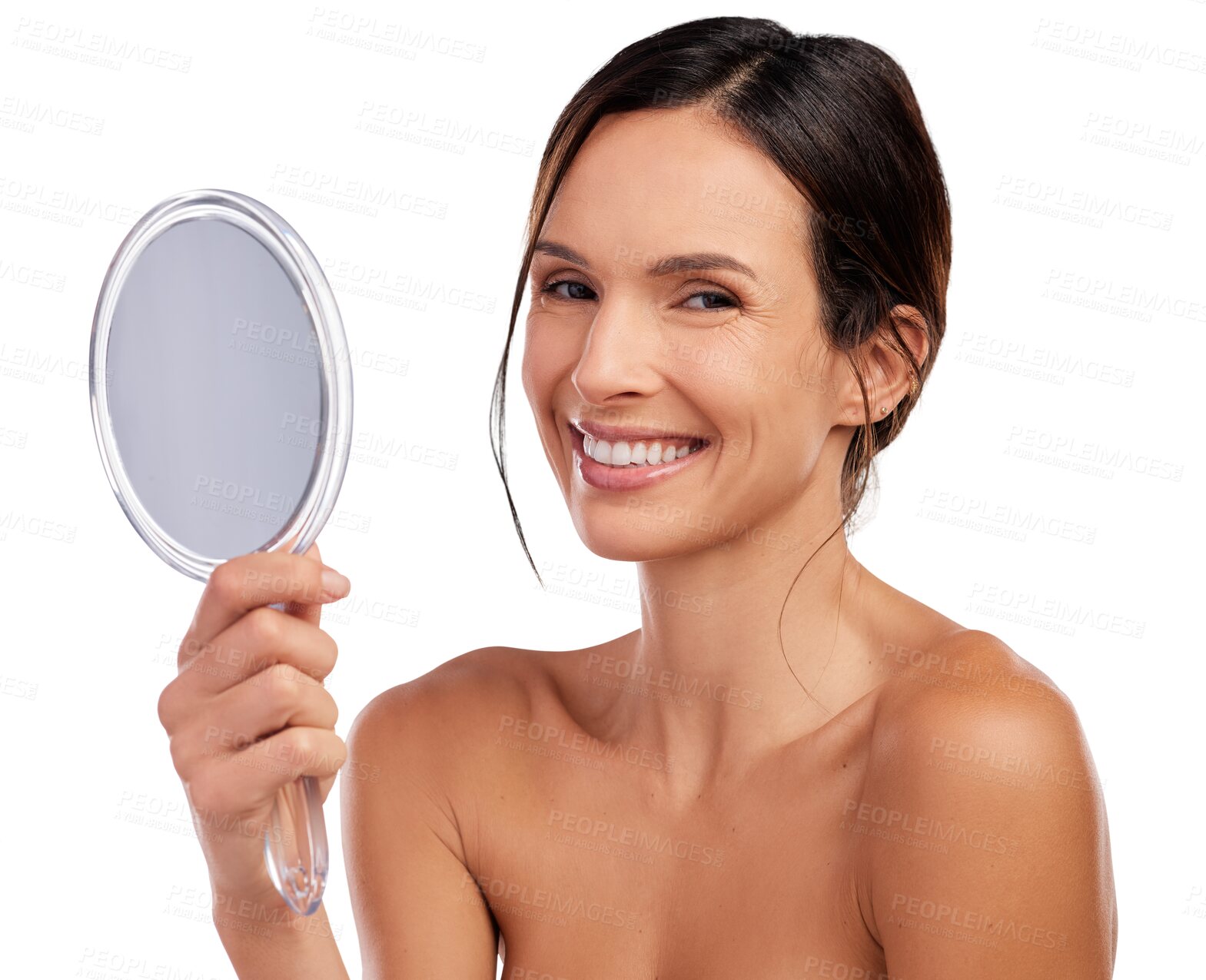 Buy stock photo Isolated woman, skincare and holding mirror in portrait beauty, wellness and transparent png background. Happy young lady, model and pride with cosmetics, natural skin glow and health for inspection
