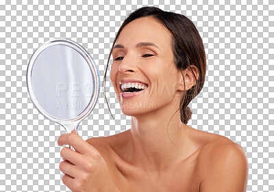 Buy stock photo Isolated woman, skincare and holding mirror with laugh, beauty and transparent png background. Happy young lady, funny model and wellness with cosmetics, natural skin glow and health for inspection