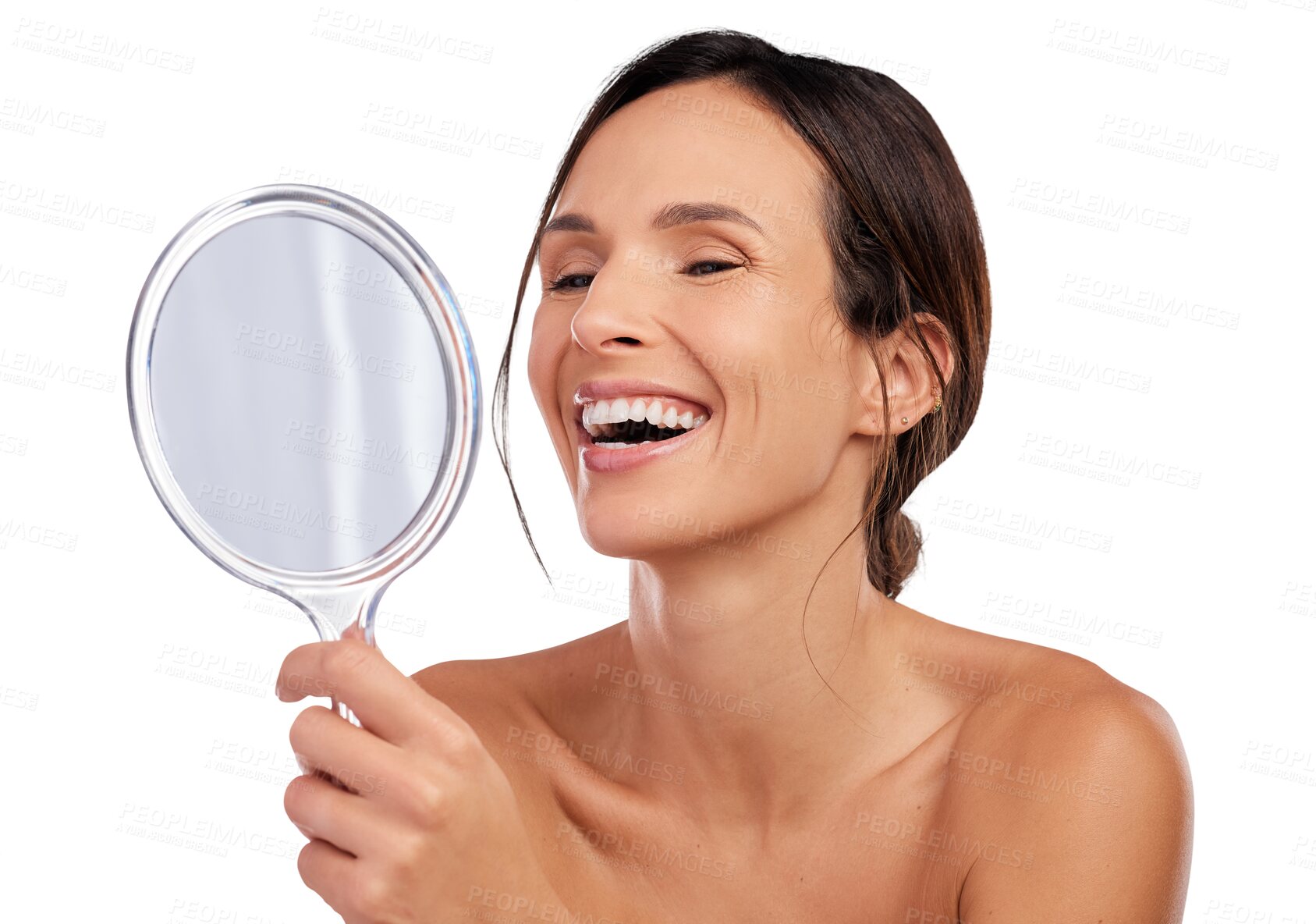 Buy stock photo Isolated woman, skincare and holding mirror with laugh, beauty and transparent png background. Happy young lady, funny model and wellness with cosmetics, natural skin glow and health for inspection