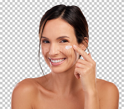 Buy stock photo Portrait, cream and happy woman for skincare, moisturizer or facial health, beauty and wellness product. Face of young person from USA with natural dermatology isolated on transparent png background