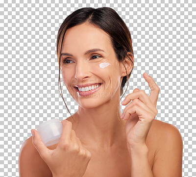 Buy stock photo Skincare, container and face of woman with cream on isolated, png and transparent background. Dermatology, wellness and happy female person with natural cosmetics, beauty and facial moisturizer