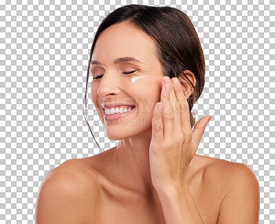 Buy stock photo Skincare, dermatology and face of woman with cream on isolated, png and transparent background. Beauty, moisturizer and happy female person with natural cosmetics, makeup and facial care for wellness