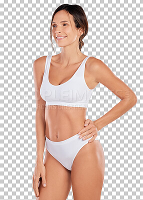 Buy stock photo Beauty, skincare and underwear with body of woman on transparent background for health, diet and nutrition. Workout, wellness and self care with person isolated on png for lingerie and exercise