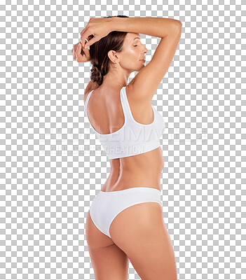 Buy stock photo Beauty, fitness and underwear with body of woman on transparent background for health, diet or nutrition. Workout, wellness or self care with person isolated on png for cosmetics or exercise lingerie