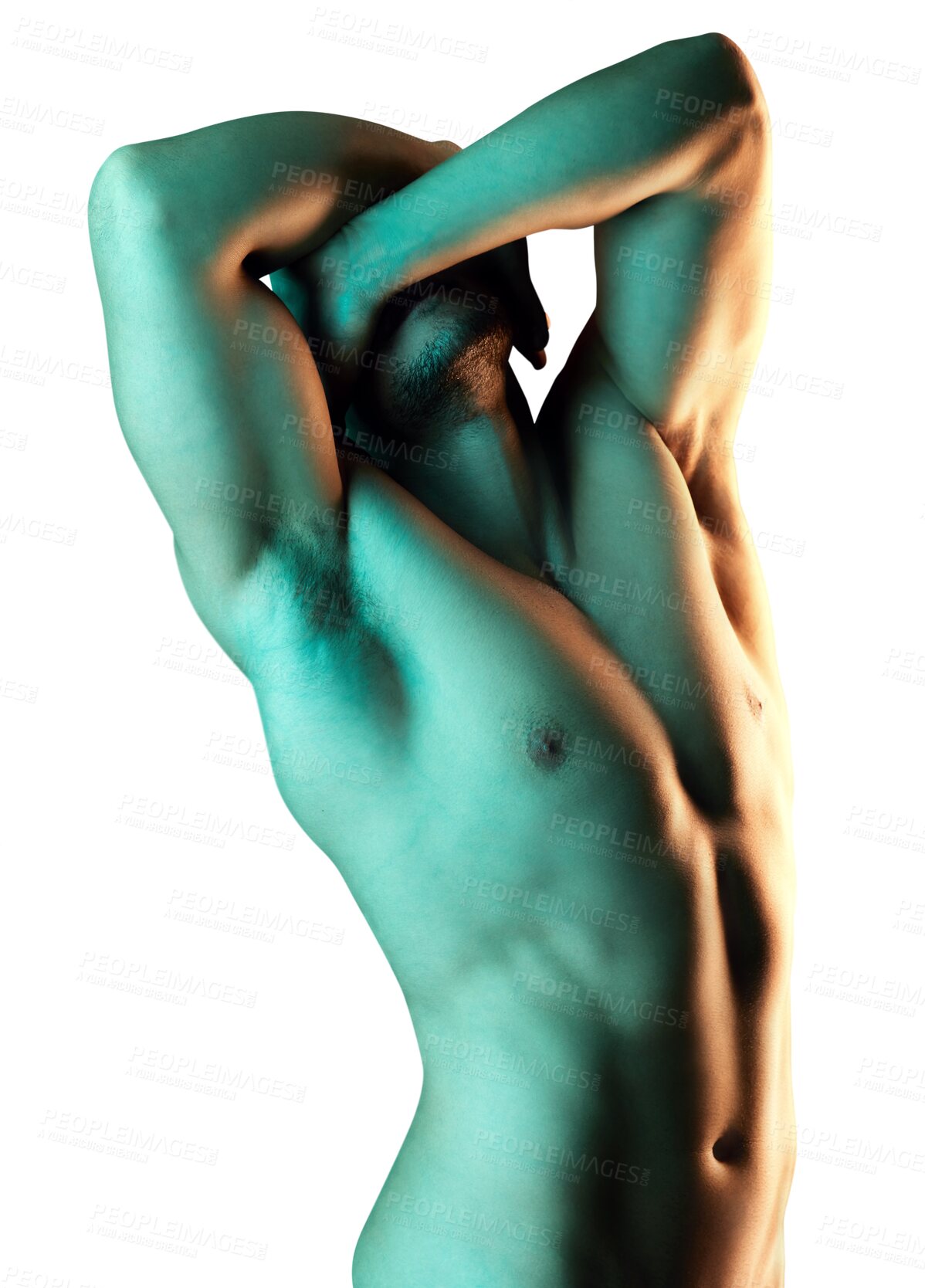 Buy stock photo Fitness, shirtless and neon body of a man isolated on a transparent, png background. Muscle, wellness and health of a sexy male aesthetic model or bodybuilder pose for power, art deco and self care