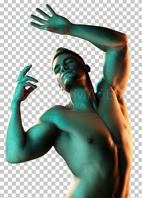 Buy stock photo Fitness, shirtless body and pose of a sexy man isolated on a transparent, png background. Muscle, wellness and health motivation of a male aesthetic model for power, art deco and self care with hands