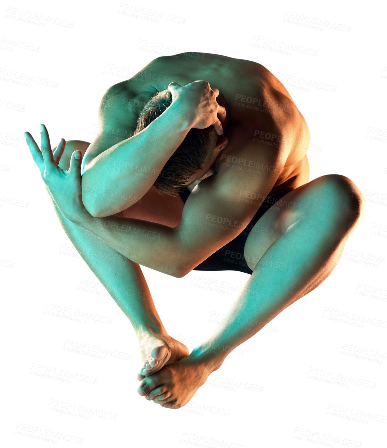 Buy stock photo Neon, shirtless body and jump of a man isolated on a transparent, png background. Muscle, fitness and health motivation of a sexy male aesthetic model for power, art deco and balance or self care