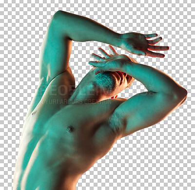 Buy stock photo Fitness, muscle body and portrait of a man isolated on a transparent, png background. Shirtless, wellness and health motivation of a sexy male aesthetic model for power, art deco and self care