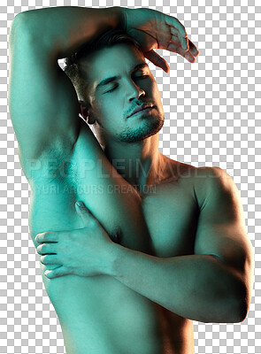 Buy stock photo Neon, shirtless body and fitness of a man isolated on a transparent, png background. Muscle and health motivation of a sexy male aesthetic model touch or pose for power, art deco and self care