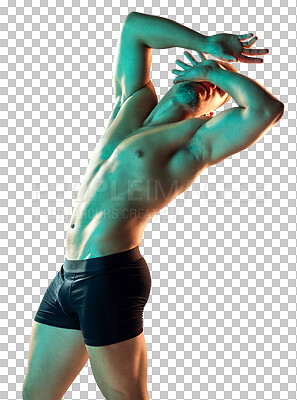 Buy stock photo Neon, body and fitness pose of a man isolated on a transparent, png background. Muscle, wellness or shirtless health of a sexy male aesthetic model in underwear for power, art deco or self care