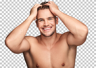 Buy stock photo Skincare, portrait of a man with a smile and happy isolated against a transparent png background. Cosmetology or beauty cosmetics, dermatology and smiling young male person pose for health wellness 