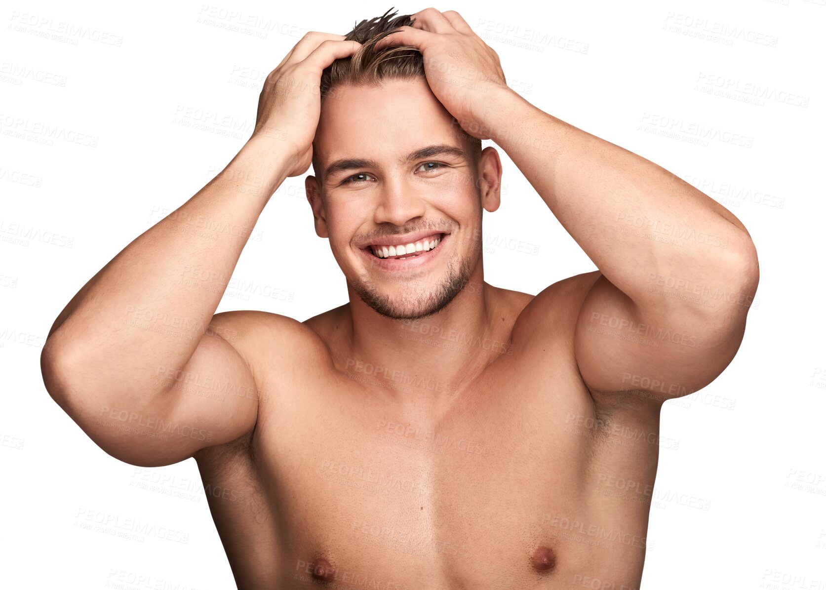 Buy stock photo Skincare, portrait of a man with a smile and happy isolated against a transparent png background. Cosmetology or beauty cosmetics, dermatology and smiling young male person pose for health wellness 