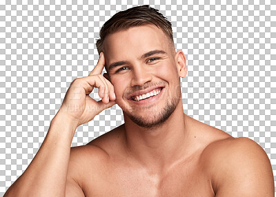 Buy stock photo Happy, beauty and portrait of man on transparent background for health, skincare and cosmetics. Spa treatment, wellness and clean with face of person isolated on png for glow, self care and happiness