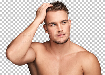 Buy stock photo Man is thinking, skin and hair with beauty, grooming and hygiene with face isolated on transparent png background. Male model, natural cosmetics and haircare with dermatology, skincare and wellness