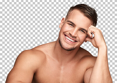 Buy stock photo Skincare, beauty and portrait of man on transparent background for health, happy and cosmetics. Spa treatment, wellness and clean with face of person isolated on png for body, self care and happiness
