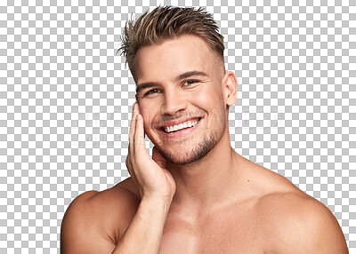 Buy stock photo Skincare, portrait and happy shirtless man isolated against a transparent png background with a smile. Cosmetology, wellness and dermatology of young male person touch face for beauty cosmetics