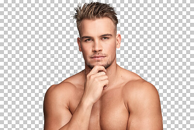 Buy stock photo Man is thinking, skin and beauty, face and hair with grooming and hygiene isolated on transparent png background. Male model, natural cosmetics and haircare with dermatology, skincare and portrait