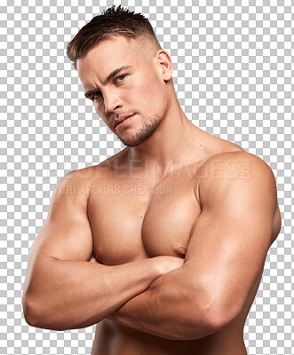 Buy stock photo Fitness, strong and portrait of a man with crossed arms for confidence with muscles after a workout. Serious, shirtless and young male model with biceps isolated by a transparent png background.