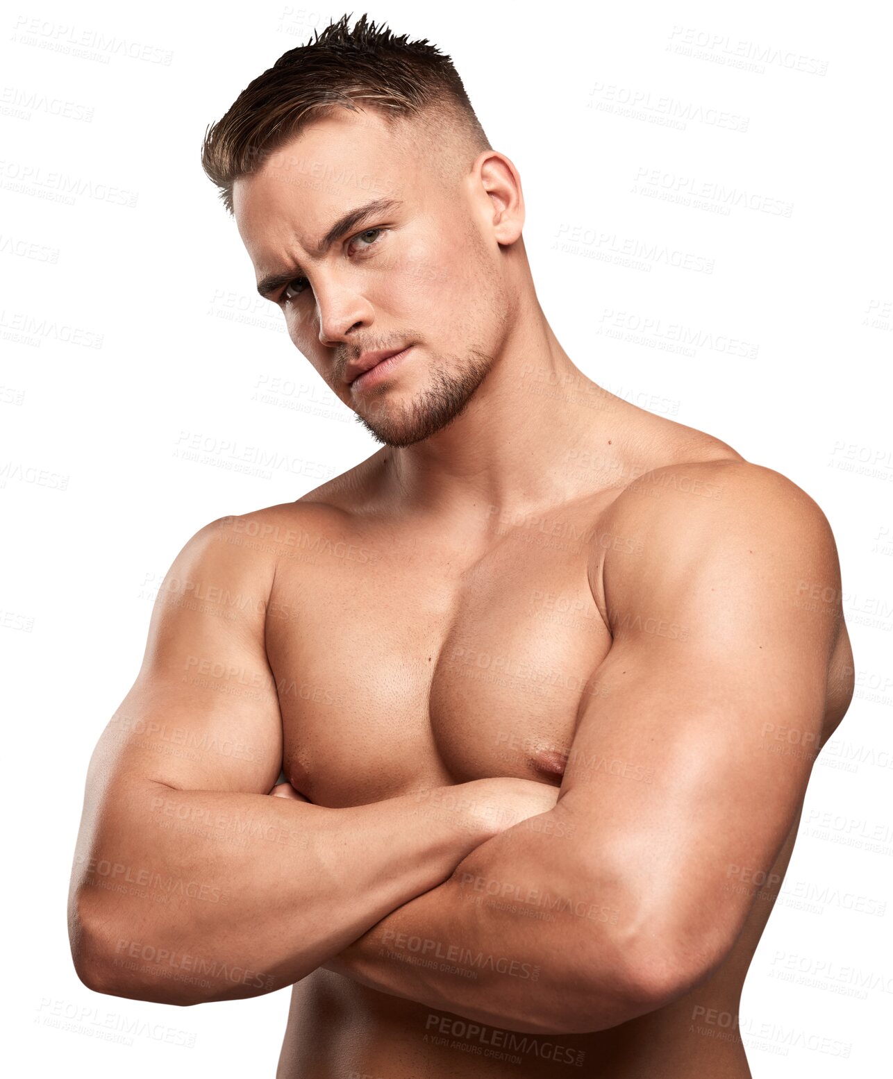 Buy stock photo Fitness, strong and portrait of a man with crossed arms for confidence with muscles after a workout. Serious, shirtless and young male model with biceps isolated by a transparent png background.