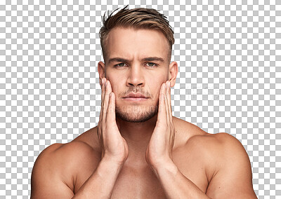 Buy stock photo Skincare, beauty and portrait of a man with a natural, cosmetic or healthy facial routine. Serious, wellness and young male model with dermatology treatment isolated by a transparent png background.