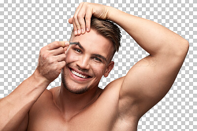 Buy stock photo Isolated man, tweezers and eyebrow in portrait with smile, cosmetics and beauty by transparent png background. Young guy, self care and happy with microblading with facial hair removal for aesthetic