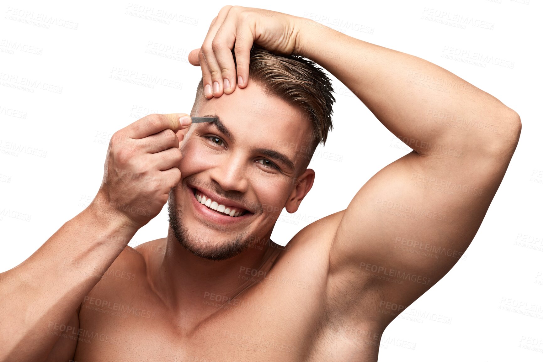 Buy stock photo Isolated man, tweezers and eyebrow in portrait with smile, cosmetics and beauty by transparent png background. Young guy, self care and happy with microblading with facial hair removal for aesthetic
