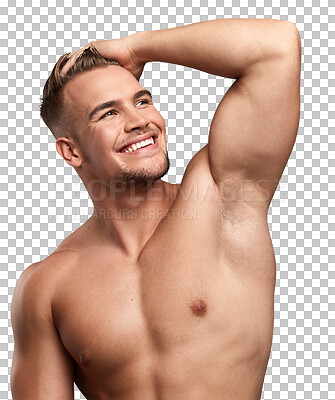 Buy stock photo Beauty, muscle and happy with man and thinking on transparent background for fitness, self care and cosmetic. Skincare, spa and morning with person isolated on png for health, wellness or bodybuilder